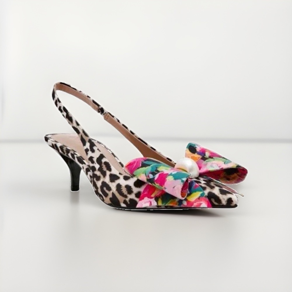Betsey Johnson Claira Slingback Pumps 9M Pointed Toe Leopard Print Floral Bow
